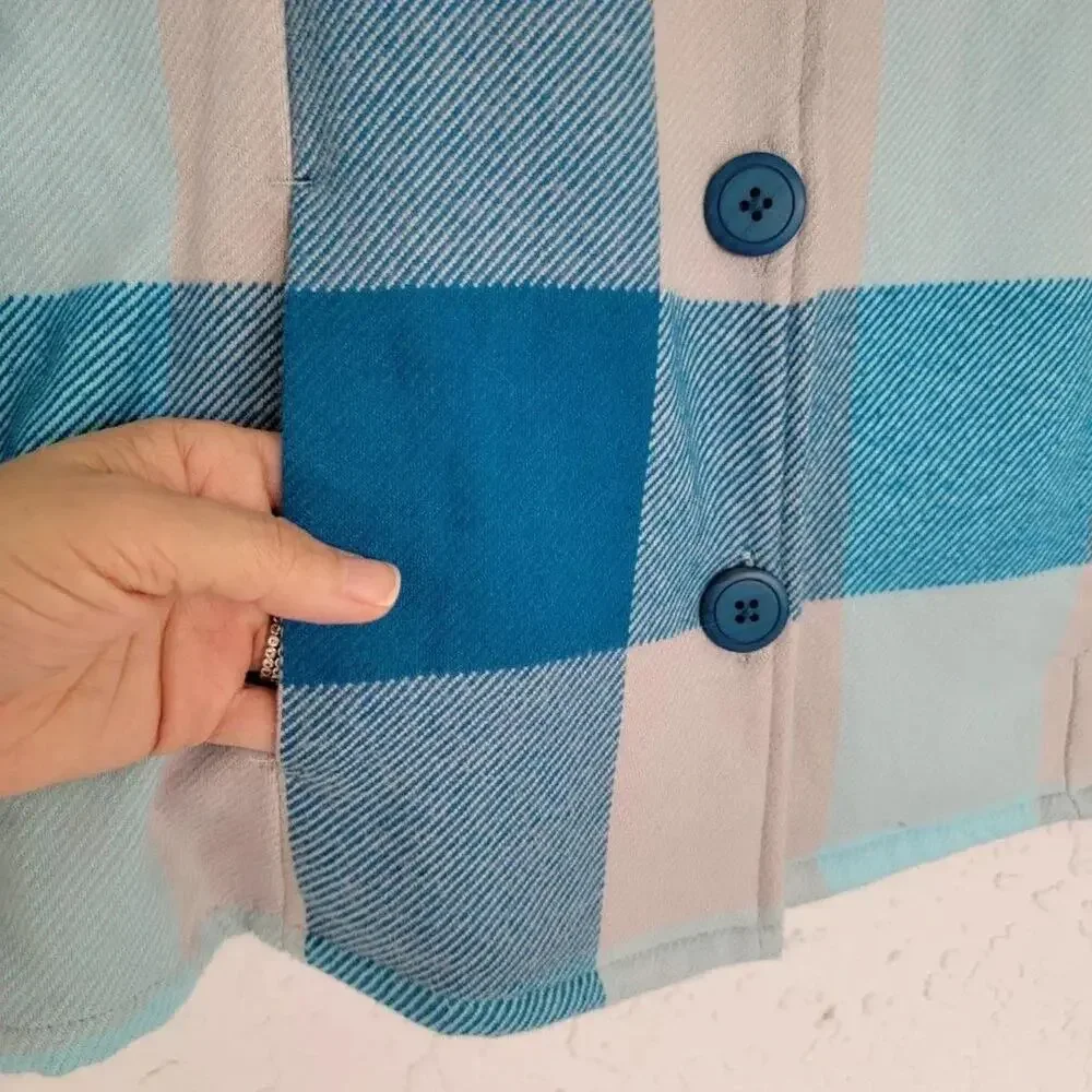 Cabelas Plaid Flannel Shacket Turquoise Gray Women Size L Button Down Cotton